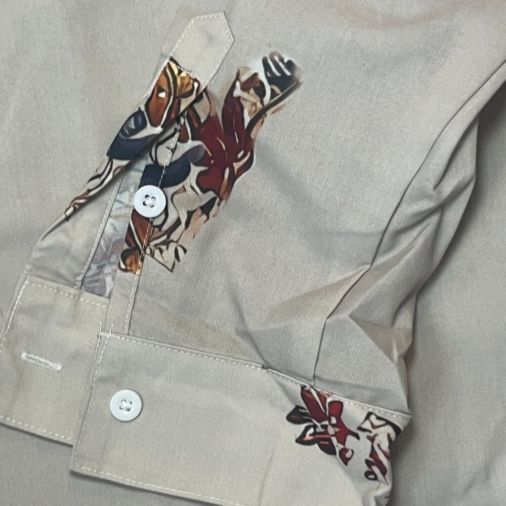 Men's Ouku Beige Floral Casual Button Down Shirt M - Picture 7 of 8